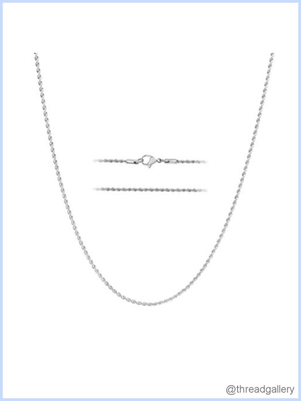 2mm Rope Chain Necklace White Gold Plated Stainless Steel 18in Lobster Clasp